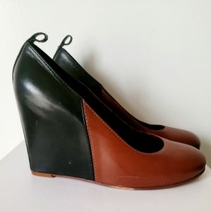 Celine Two-Tone Brown and Black Wedge Pumps